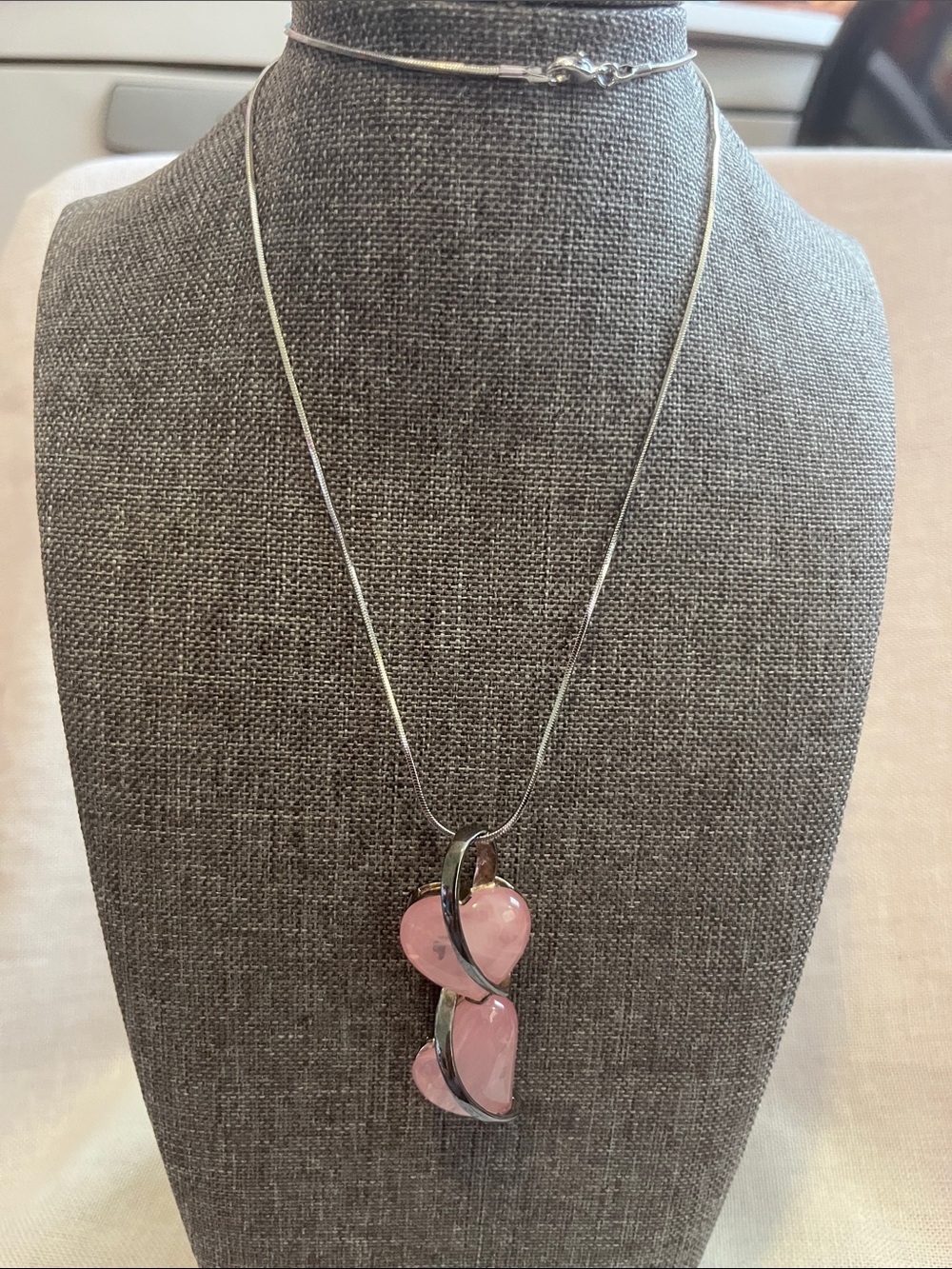 Silver Necklace with Pink Heart Gemstone Pendant - Women Jewelry